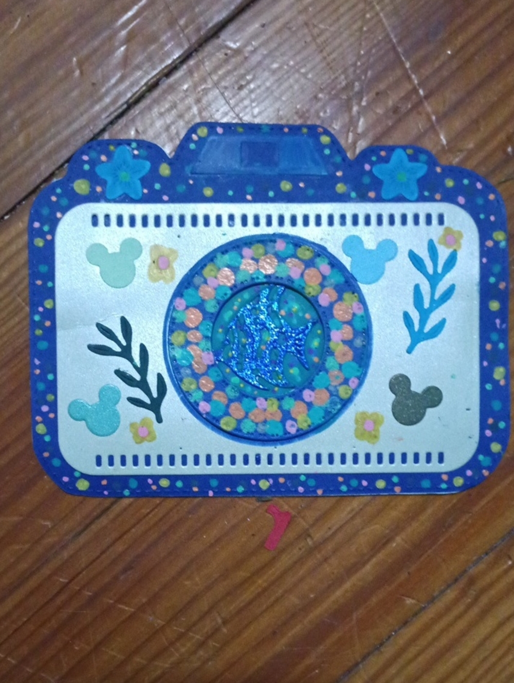 Decorative Camera Patch with Blue Glitter Fish Motif Handmade Gift Card Holder